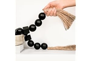 RUIRUICO Black Extra Large Wood Bead Garland with 1.6" Diameter Round and Square Wooden Beads, 41" Long Wooden Beads Garland with Tassels, Decorative Beads for Boho, Farmhouse Decor
