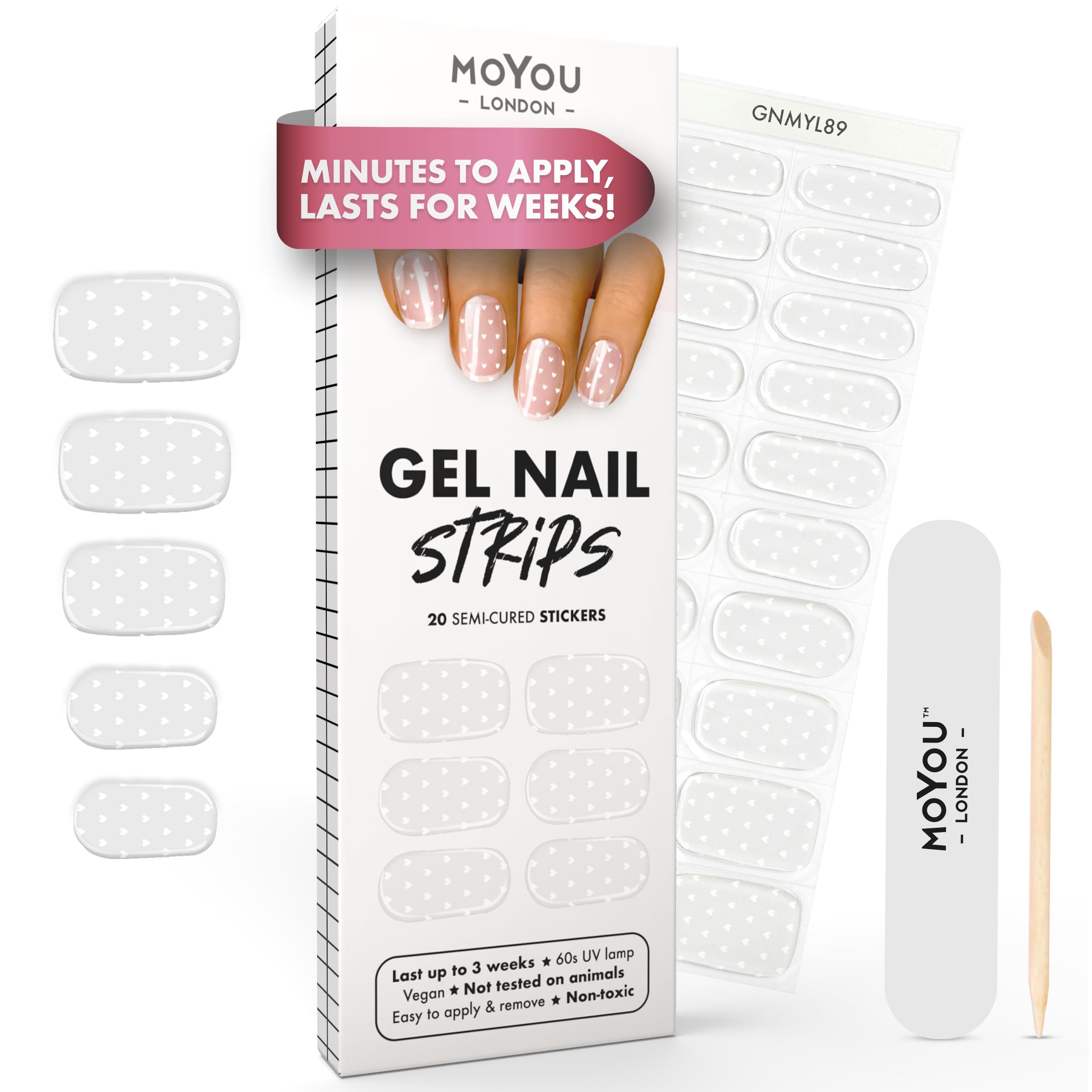 MOYOU LONDON Semi Cured Gel Nail Strips - 20 Pcs. Waterproof Gel Nail Wraps, Cures in Sunlight or UV/LED Lamp, Lasts Up to 2+ Weeks, Stretchable, Easy to Apply & Remove, Vegan & Cruelty-Free