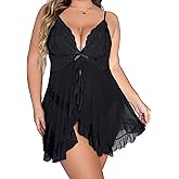 Plus Size Sexy Lingerie for Women Lace Babydoll Floral Mesh Ruffle Sheer Nightgown V Neck Chemise Sleepwear