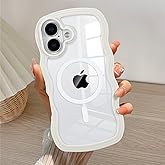 QLTYPRI Magnetic for iPhone 16 Case Compatible with Magsafe, Cute Curly Wave Frame Clear Case for Girls Women, Transparent TPU Bumper Shockproof Protective Phone Cover for iPhone 16 - White