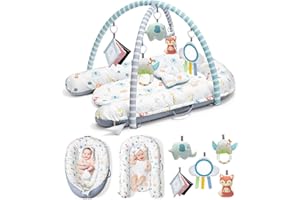 JYUSMILE Baby Play Mat, 7-in-1 Infant Gym Mat for Sensory and Motor Development, Washable & Portable Newborn Tummy Time Activity Mat for Home & Travel, Babies Gift for 0-3-6-9-12-18 Months