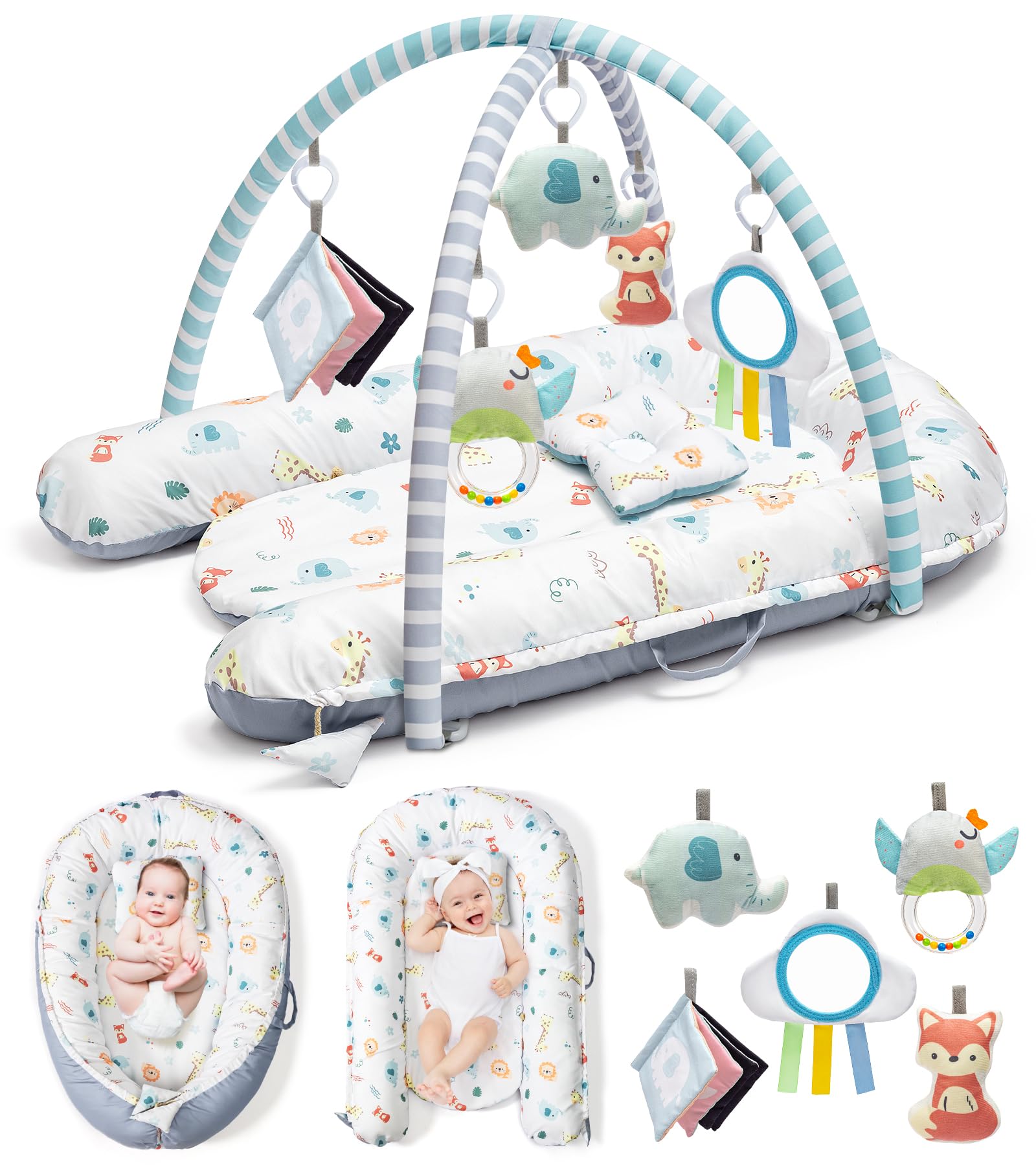 Photo 1 of Baby Play Mat, 7-in-1 Tummy Time Activity Gym Mat, Washable Baby Lounger Nest, Portable Floor Seat for Home & Travel, Baby Essentials Gift for Infant Newborn 0-6-12-18 Months
