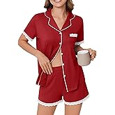 Ekouaer Womens Short Sleeve Pajamas Set Soft Sleepwear Button Down Lounge Set Lace Top and Shorts Pj Nightwear
