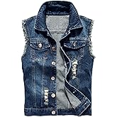 LONGBIDA Men's Denim Vest Casual Slim Fit Sleeveless Jacket Vintage Ripped Summer Jean Vests
