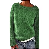 WDIRARA Women's Boat Neck Sweater Long Sleeve Knitted Pullover Fall Tops