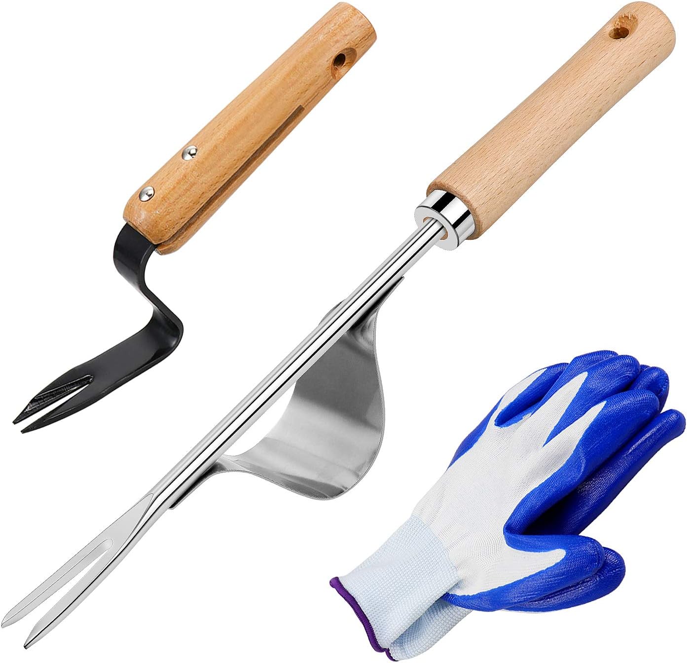 Zoyomax 2 Pack Hand Weeder with Wood Handle, Manual Weed Puller Stainless Steel Bend-Proof Dandelion Weeder for Garden Weeding Farmland Transplant, Plus a Pair of Protective Gloves : Garden & Outdoor