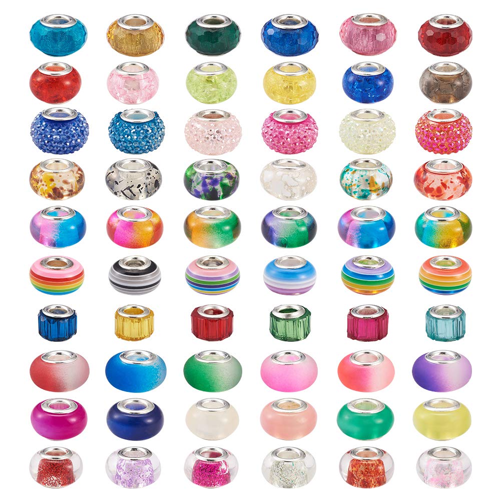 PandaHall 100pcs Resin European Large Hole Beads Mixed Color with Silver Color Core Fit European Snake Chain Charm Bracelets