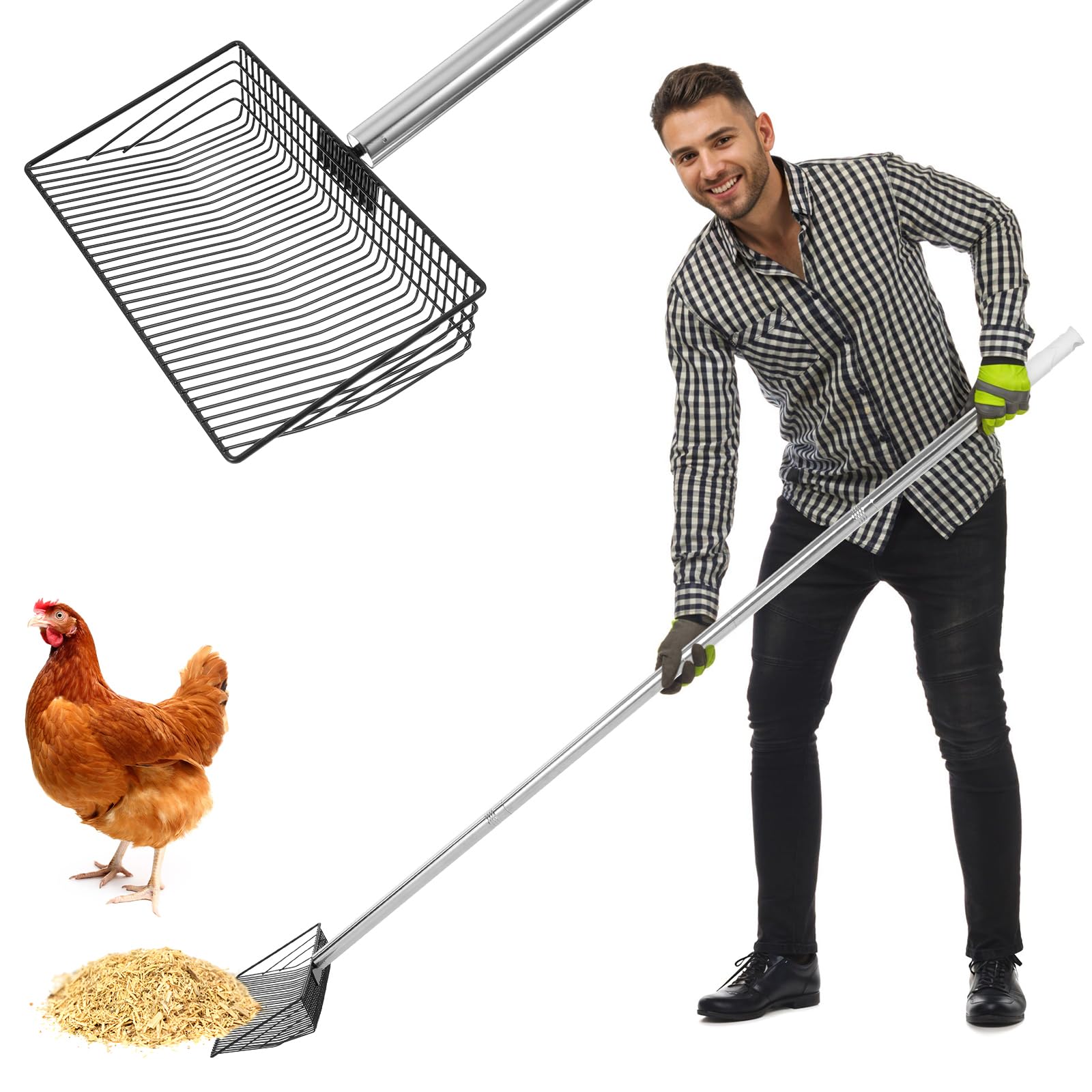 Photo 1 of **It's used, it's missing parts and it's not known if it works 100%.***Grevosea Chicken Poop Scooper, 10" Large Metal Litter Scooper for Chicken 3-in-1 Detachable Tool 59.65" Long Handle Stainless Steel coop Scoop Poop Shovel for Chick Coop Accessories To