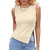 Pafnny Y2K Ribbed Tank Top for Women Side Slit Decor Button Asymmetrical Sleeveless Tops Ladies Trendy Cami Cotton Shirt