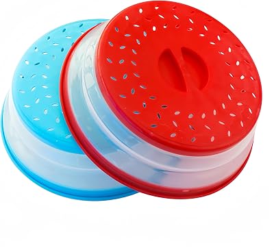 RUNZI 2Pack Collapsible Microwave Food Cover 10.5 in Red Blue BPA Free