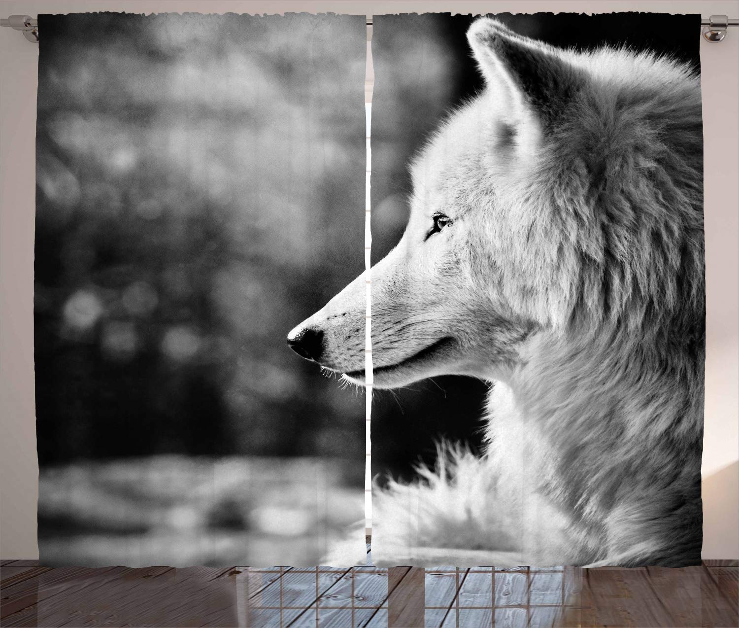 ABAKUHAUS Wolf Curtains, Animal Profile Portrait in the Nature Wildlife Carnivore Greyscale Canine Photography, Living Room Bedroom Window Drapes 2 Panel Set, 280 x 175 cm, Light gray — image 1