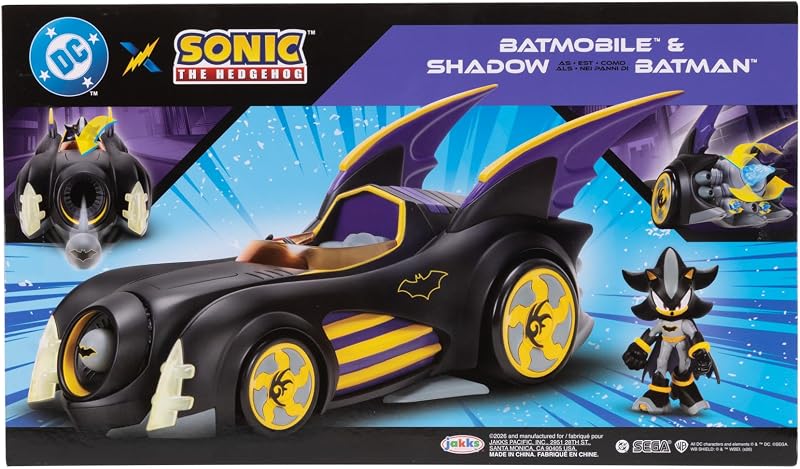 DC x Sonic – Shadow como Batman con Batimóvil con Funciones 6 cm, Set de Figura de acción, Licencia Oficial Jakks Pacific, Vehículo Interactivo con proyectil lanzable y turbina giratoria