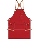 Genixart Chef Apron for Men Women with Gift Box Pack, Cross Back Apron with Pockets for Kitchen Cooking Baking Artist Painting, Cotton Canvas Work Aprons for Shop, Garden, Restaurant, Cafe (Red)