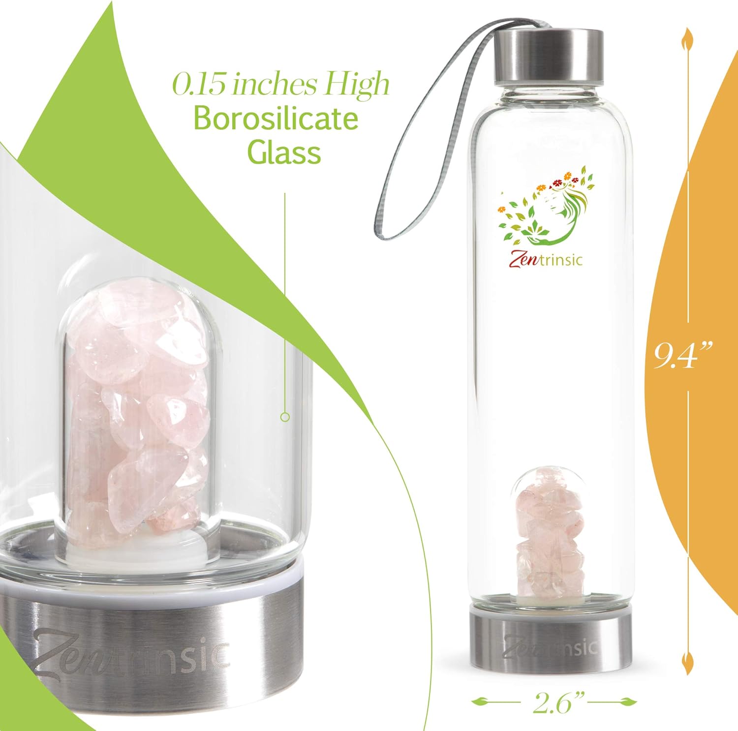Zentrinsic Crystal Infused Water Bottle includes 3 sets of Healing Crystals-Rose Quartz, Clear Quartz, Amethyst & a Neoprene Sleeve to allow you to create Elixirs of Love & Tranquillity, Clarity & Power, Peace & Energy OR use your own Gems and Stones: Kitchen & Dining