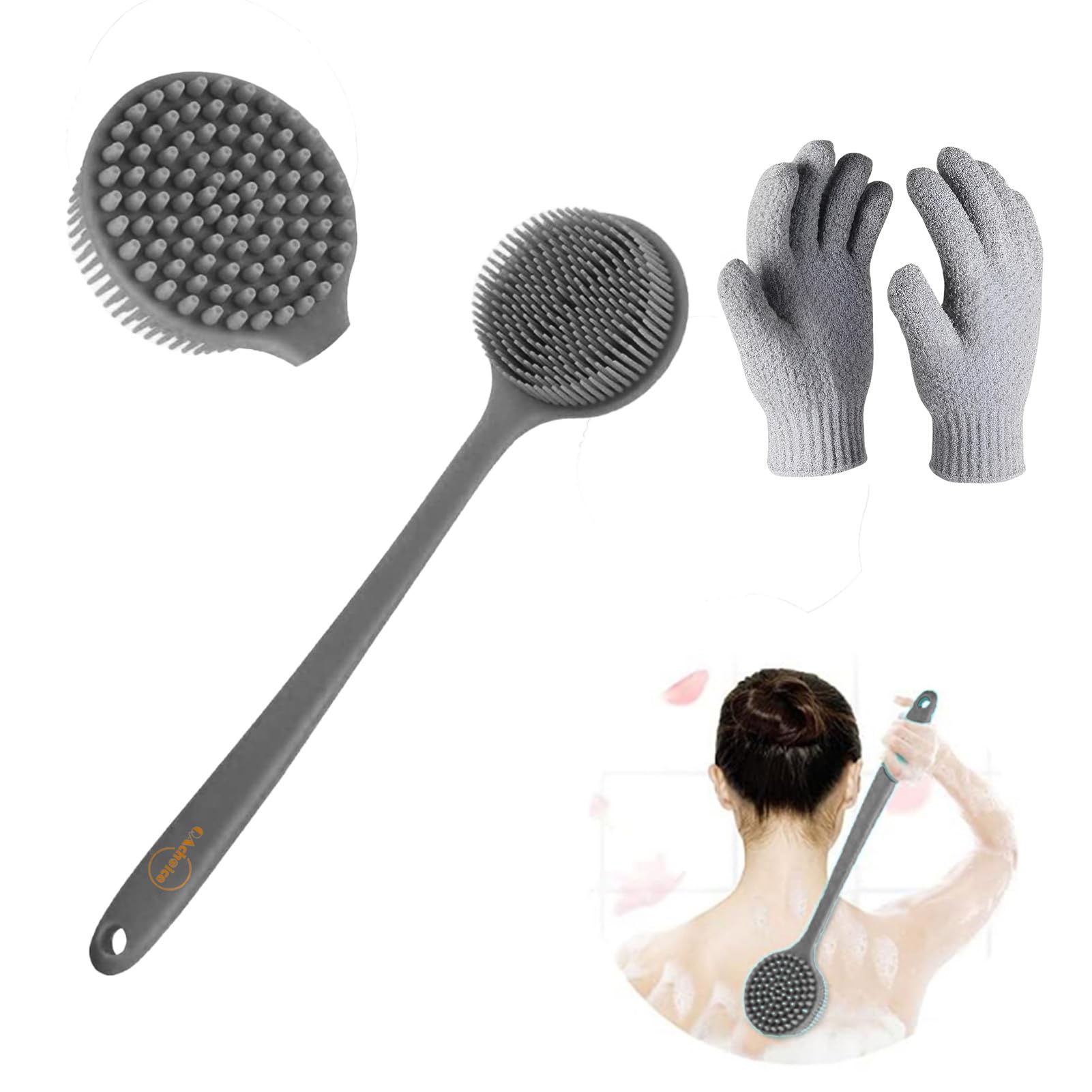 QACHOICE Dual Sided Back Scrubber & Silicone Bath Brush with 15cm Handle, Exfoliating & Deep Cleansing for Men, Women, Elderly - Gray Body Brush Set for Shower Routine