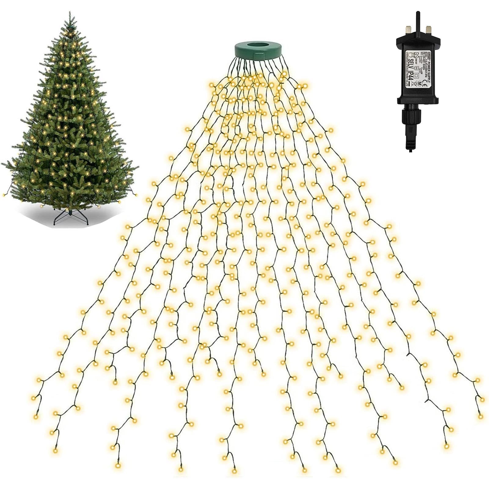 Dekofun Christmas Tree Lights 400 LED 2Mx16 Drop Plug in Xmas Tree Net Lights with Ring, Timer, Cascading Twinkle Light 8 Modes Waterproof Waterfall String Light for Indoor Outdoor Decor - Warm White