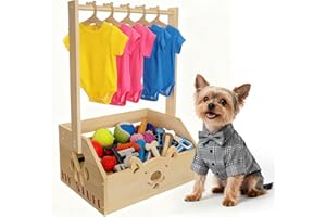 IDUNSEED 20" x 13.5" x 9" Wooden Dog Closet for Small Dogs - 2-in-1 Clothes Hanger & Storage Basket, with Cute Pet-Face Design, Practical Organizer for Pet Supplies, Home Decor & Dog Gear Tidying