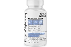 Youth & Tonic Water Weight Away – Herbal Diuretics for Water Retention & Bloating Support – with Potassium & Vitamin B6 for Fluid Balance – 90 Pills for Belly Bloat, Leg & Feet Swelling Support