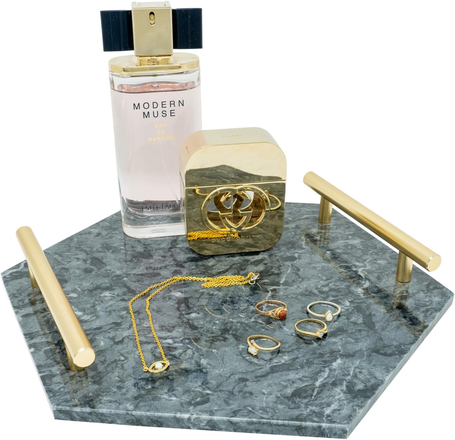 Amazon Com Grey Marble Tray With Gold Handles Real Marble Perfume Tray For Vanity Chic Modern Hexagon Tray Hexagon Grey Kitchen Dining