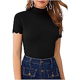 SweatyRocks Women's Mock Neck Ribbed Knit Scallop Short Sleeve T Shirt Tops