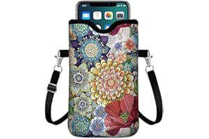 IRADA Neoprene Cell Phone Sleeve Pouch Case Bag with Crossbody Strap Neck Lanyard for Women Men 7.6 X 4.3 Inches-Boho Floral Shockproof Universal Phone Bag