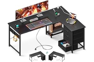 AODK L Shaped Gaming Desk with 4 Drawers, 53" Reversible Home Office Desks with Power Outlets, L Shaped Computer Desk with USB Charging Port and Host Stand, Corner Desk, Easy to Assemble, Black