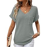 Dokotoo Womens Waffle Knit Tops 2026 Spring Summer V Neck Shirts Casual Trendy Women's Blouses Basic Tee