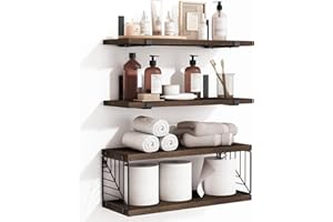 Fixwal 3+1 Tier Bathroom Floating Shelves Over Toilet, 15.8in Farmhouse Rustic Wood Shelves, Wall Decor for Bathroom, Living Room,Bedroom and Kitchen (Dark Brown)