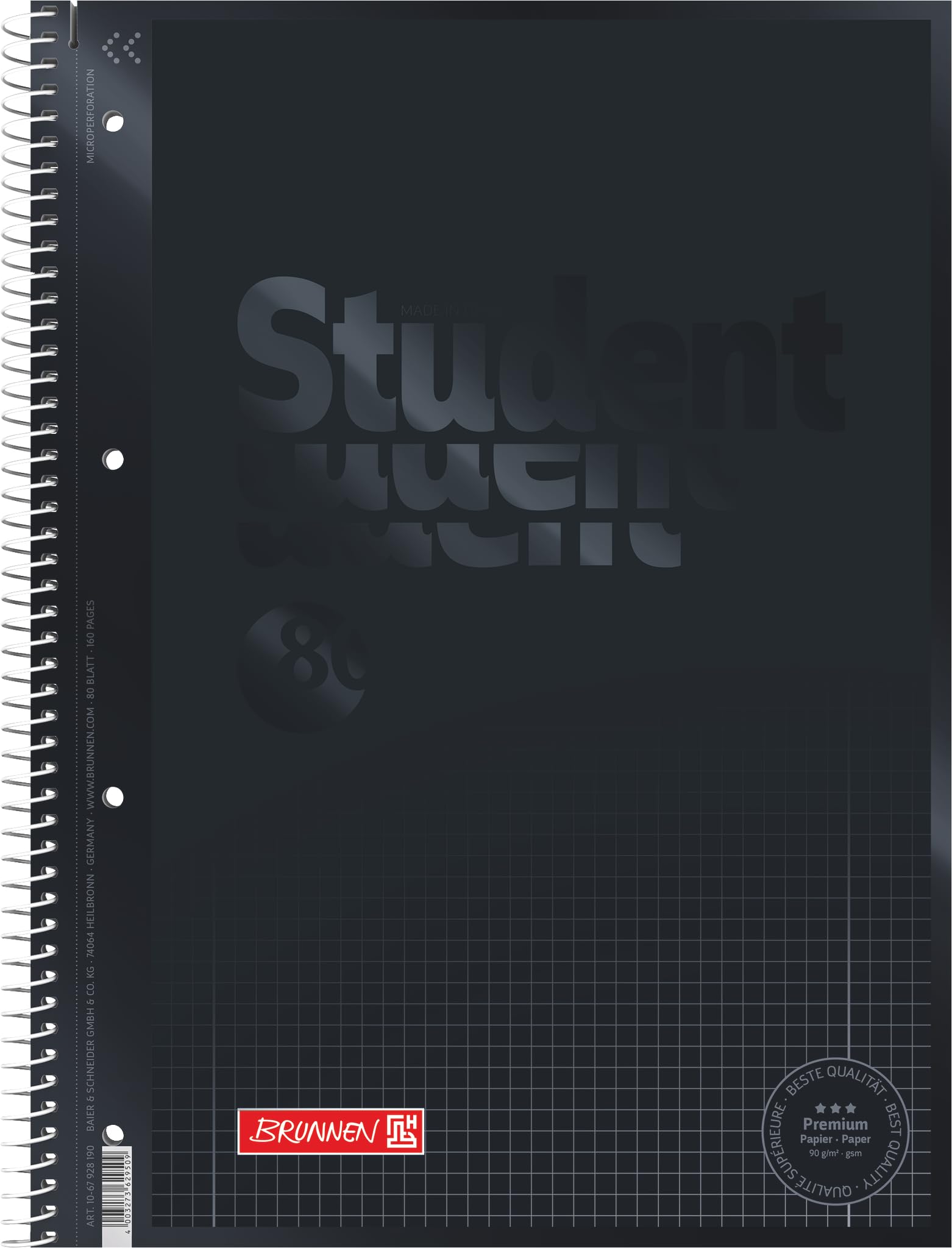 Brunnen 1067928190 Notebook, Student Notepad (Square, A4, line: 28, 90 g/m², 80 Sheets) Black