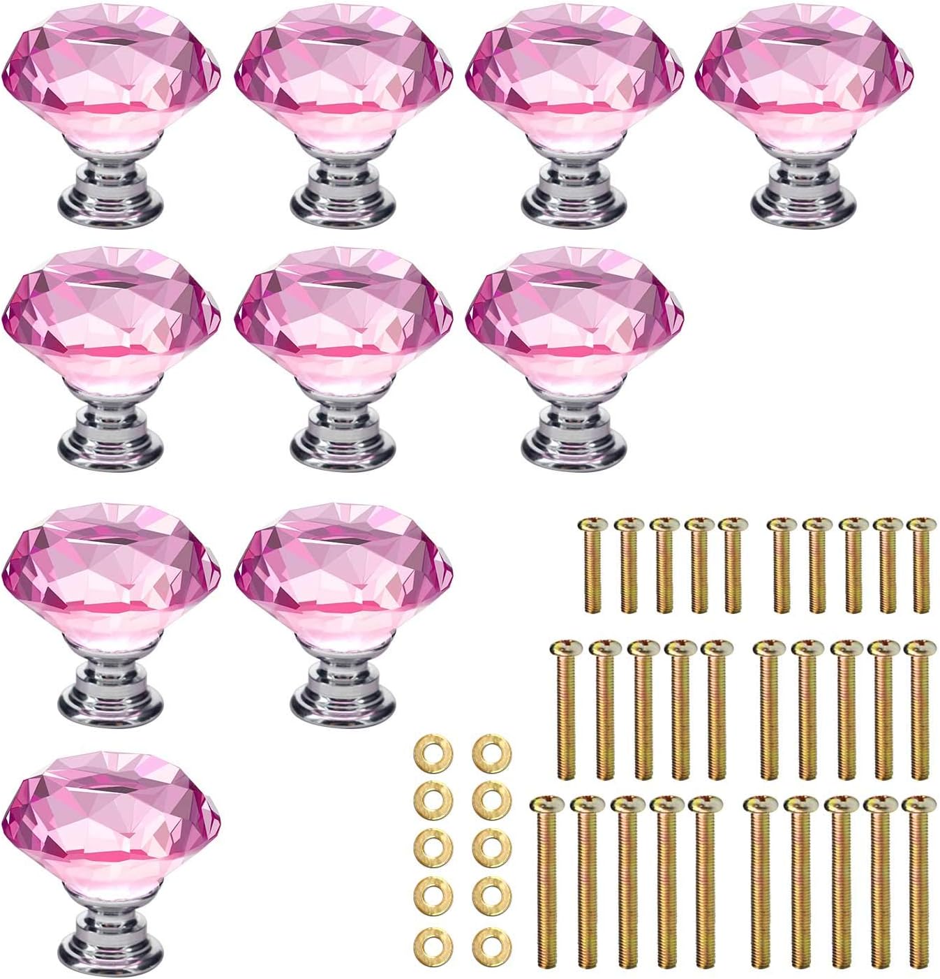 KEIVA 10pcs Diamond Shape Crystal Glass 30mm Drawer Knob Pink Pull Handle Usd for Cabinet Drawer Cupboard Chest Dresser with 3 Kinds of Screws (30mm, Pink)