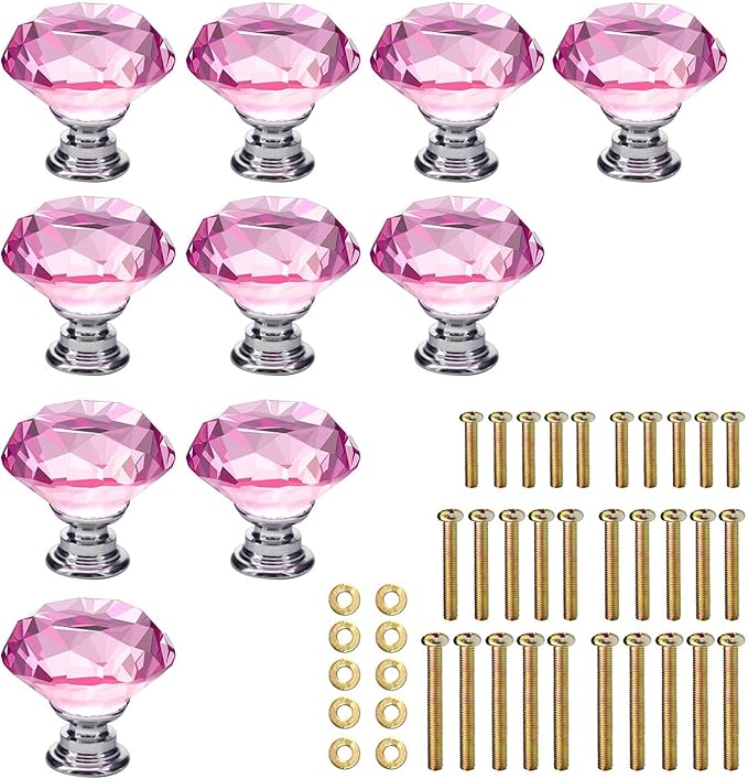 Keiva 10pcs Diamond Shape Crystal Glass 30mm Drawer Knob Pink Pull