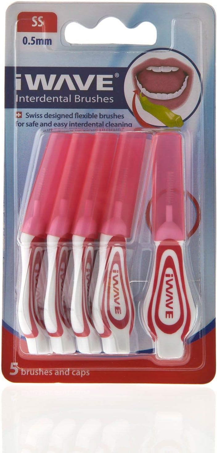 iWave Interdental Brushes Fine Size 0.5 mm Red Pack of 5 - Interdental Cleaning Brushes for Total Teeth Cleaning Plaque Removal Tool