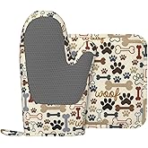 Dog Bone Paw Print Fun Oven Mitts and Pot Holders Set of 2 Silicone Heat Resistant Oven Mitten Potholders Non Slip Gloves Kitchen Decor for BBQ Cooking Grilling Baking