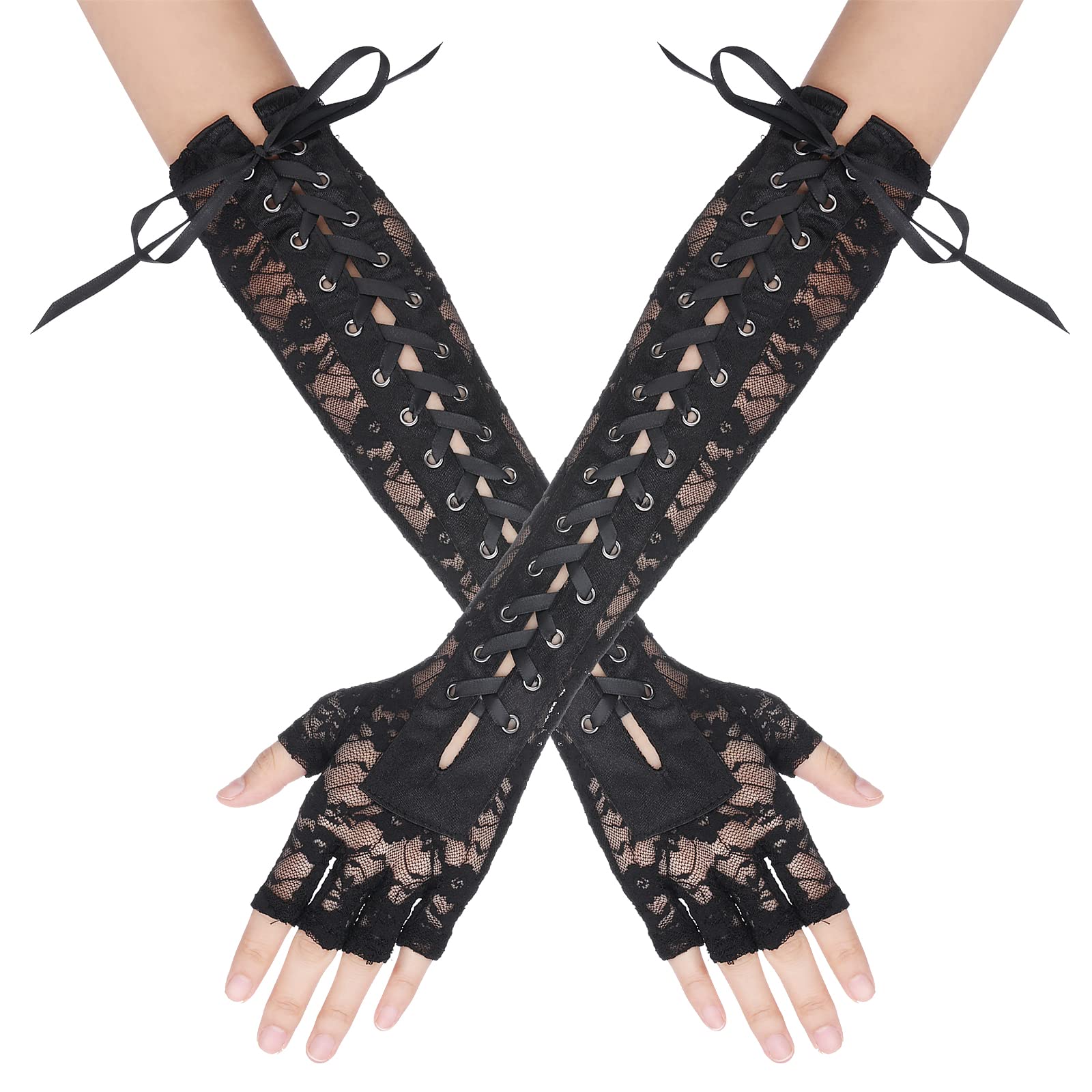 Yolev Women Lace Up Fingerless Gloves Long Elbow Lace Up Steampunk Gloves Costume Satin Arm Warmer for Halloween Dress Up (Black - Lace)