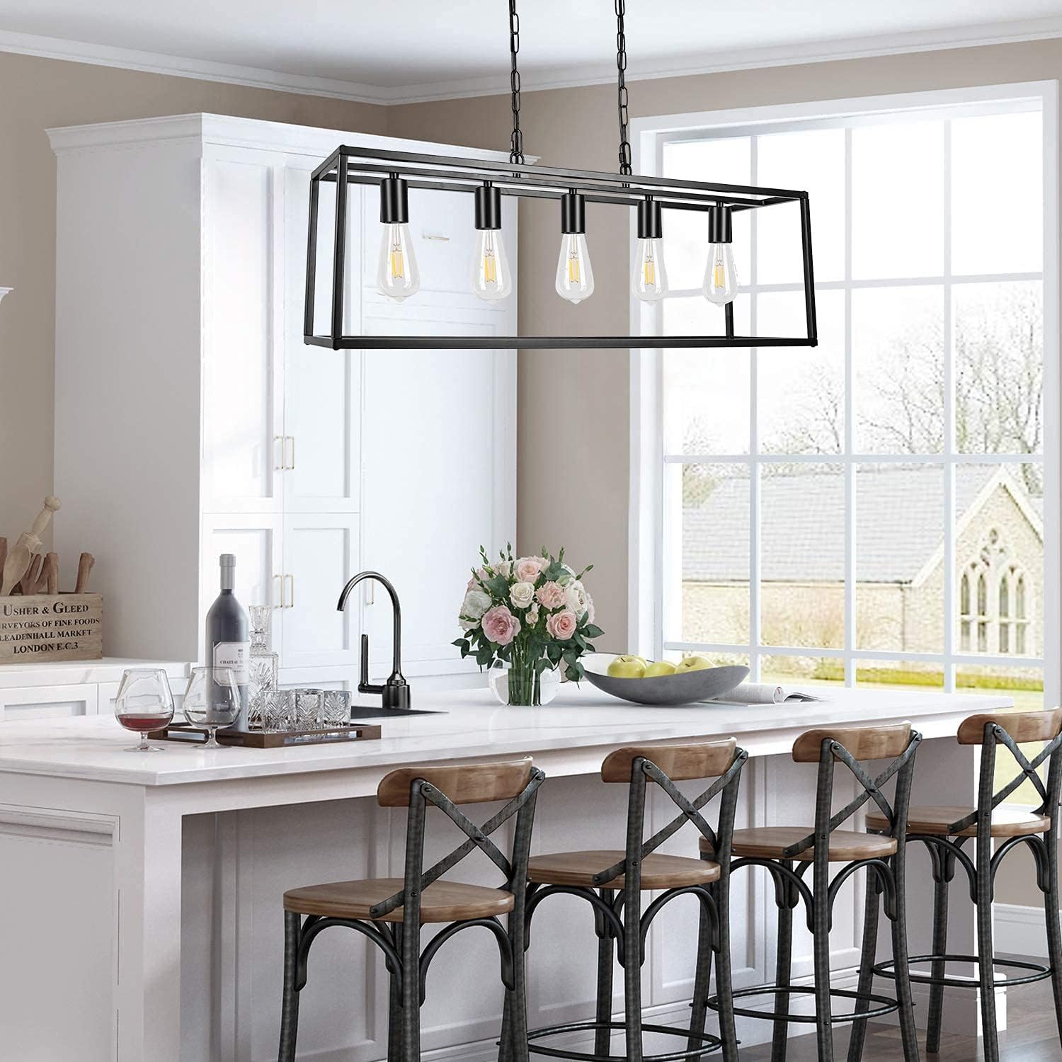 Black Farmhouse Kitchen Island Dining Room Chandelier, Modern Rectangle Pendant Light, Industrial Light Fixtures for Living Room Foyer Bar ( 5-Light ) - - 