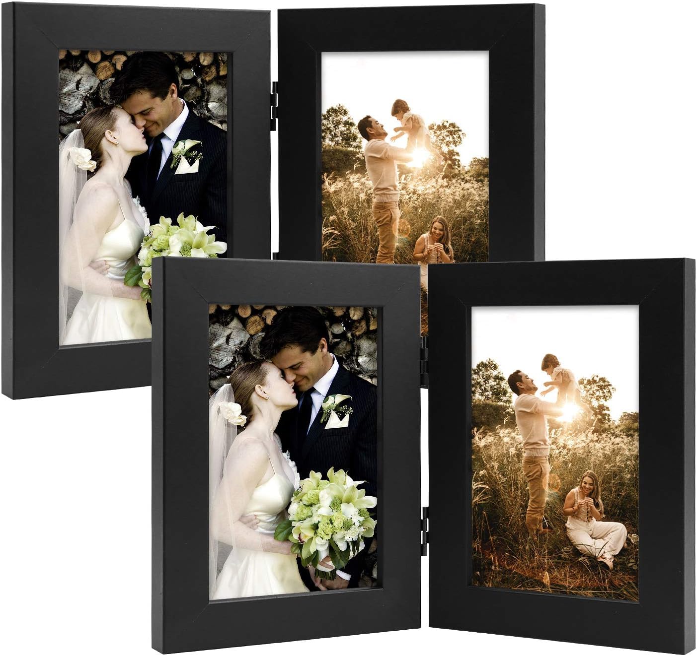 Golden State Art, 4x6 Double Picture Frame Vertical Hinged Photo Frame 2 Opening Folding Family Frames Collage, with Real Glass (4x6, Black, 2-Pack)