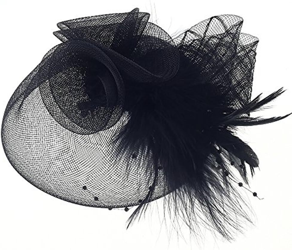 Navifoce Fashion Women's Flower Feather Mesh Net Fascinator Beaded Cocktail Headwear with Hair Clip and Brooch