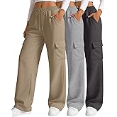 Neer 3 Pack Women's Cargo Sweatpants Wide Leg Baggy Loose Elastic Drawstring Pants Casual Athletic Joggers with 4 Pockets