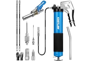 KRETLAW Grease Gun, 7000 PSI Heavy Duty Professional Pistol Grip Grease Gun Kit 14 OZ with Coupler, Double Grease Injector Needles, 18" & 2pc 12" Flex Hoses and Reinforced Glove