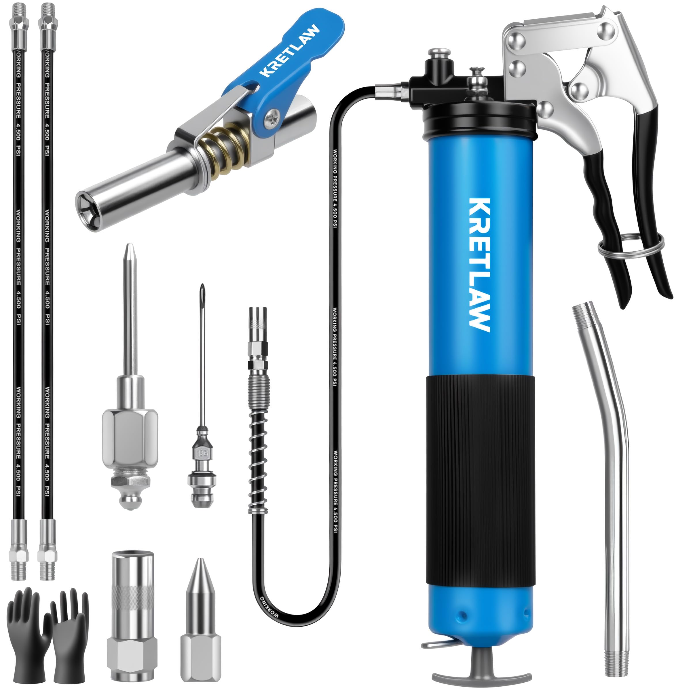 Photo 1 of KRETLAW Grease Gun, 7000 PSI Heavy Duty Professional Pistol Grip Grease Gun Kit 14 OZ with Coupler, Double Grease Injector Needles, 18" & 2pc 12" Flex Hoses and Reinforced Glove