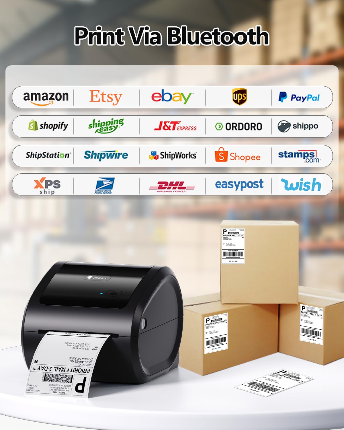 Phomemo Bluetooth Thermal Label Printer 4X6 Wireless Shipping Label Printer Build-in Holder, Thermal Label Maker for Return Shipping Package, Compatible with Amazon, USPS, Shopify, Ebay