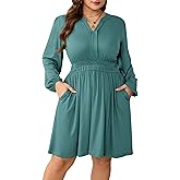 Baosuu Plus Size Dresses Womens Casual Elastic Waist Long Sleeve V Neck Midi Flowy Dress with Pockets