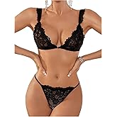 SHENHE Women's 2 Piece Lace Sheer Front Closure Bra and Panty V String Thong Lingerie Set