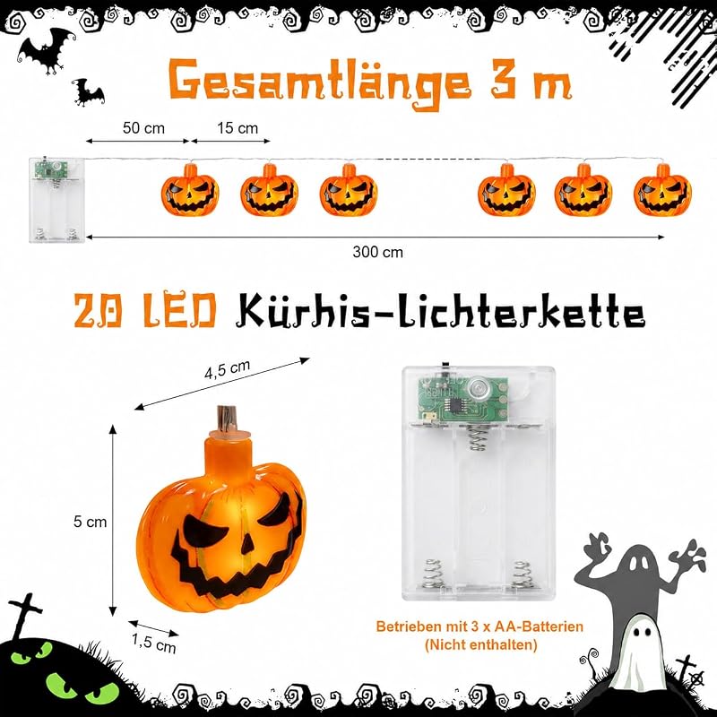 Halloween Lichterkette, 3M 20LED Kürbis Lichterkette Batterie Außen mit 6h Timer, IP65 Wasserdicht Jack-O-Lantern für Halloween Deko, Zombie Themen Partys