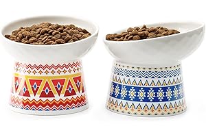 YauYik Ceramic Raised Cat Bowls, Elevated Tilted Cat Food and Water Bowl Set, Stress Free Feeding Pet Bowls Dishes for Kitten Small Dogs, Dishwasher Safe, Red & Blue