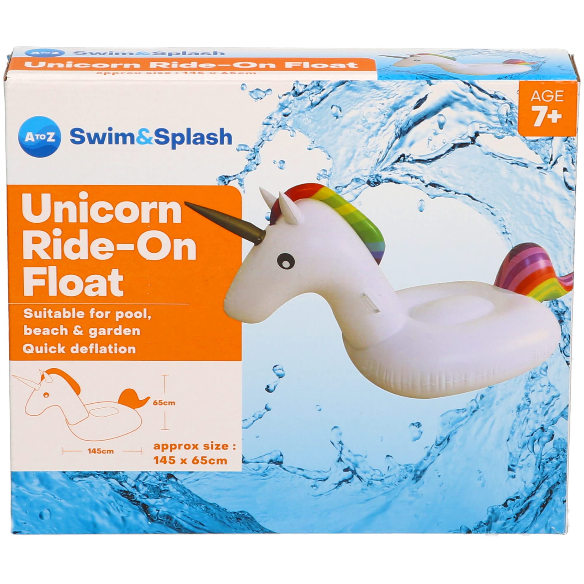 Atoz Swim & Splash Unicorn Ride-On Float, Rainbow Design, 145 x 65 cm, Age 7+, Quick Deflation, Pool Beach Garden