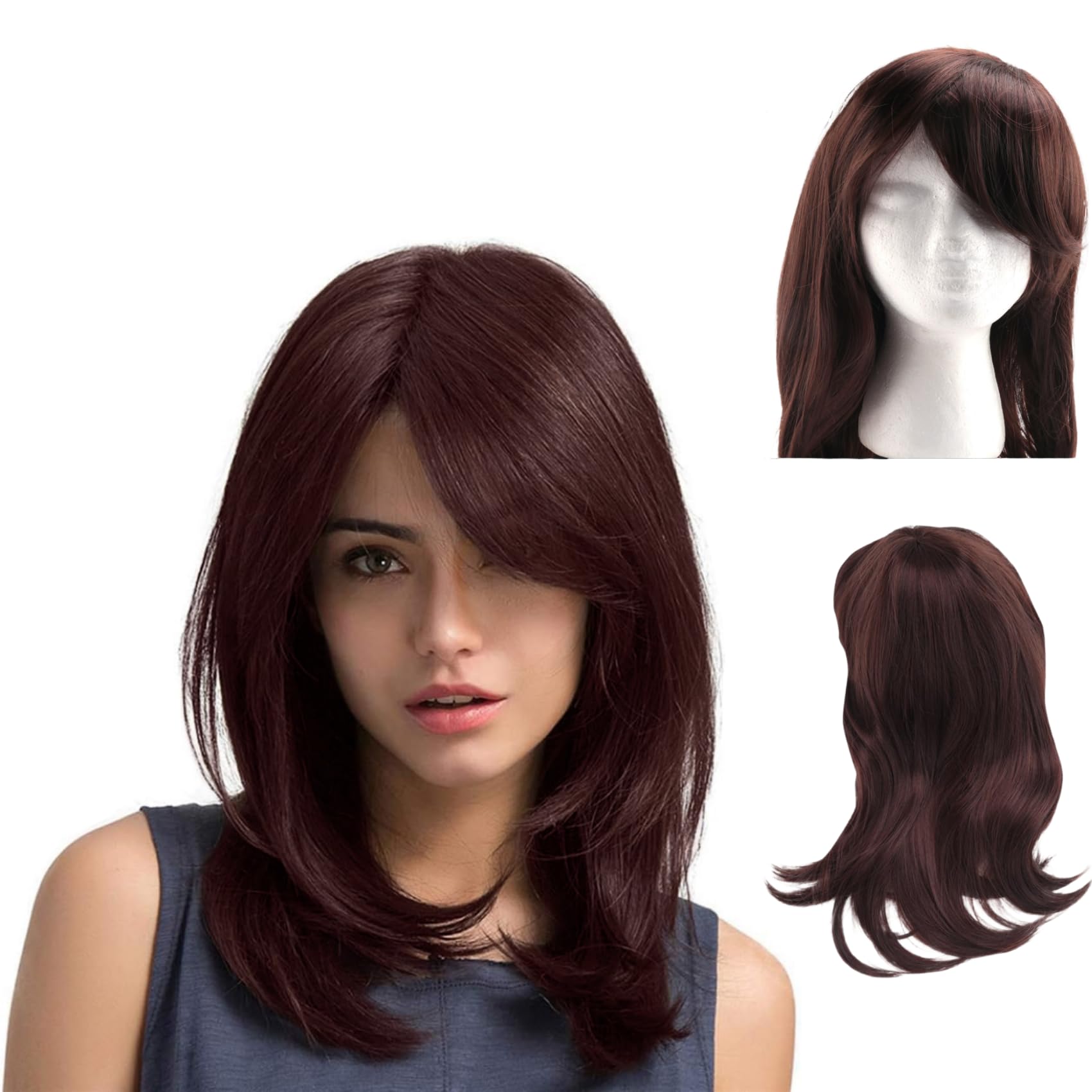 AWAOVV Natural Wave Synthetic Wig for Women, Dark Brown Womens Wigs, Side Parting with Bangs, Natural Wigs for Daily/Halloween//Cosplay