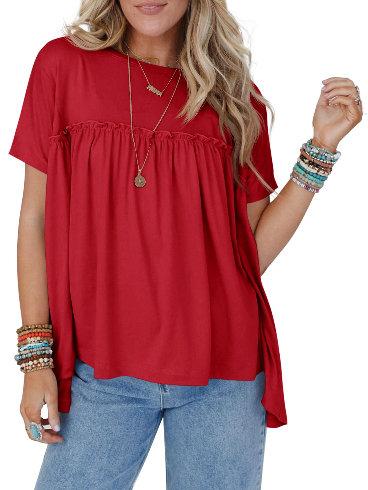 Cicy Bell Womens Summer Babydoll Tunic Tops Pleated Short Sleeve Crew ...
