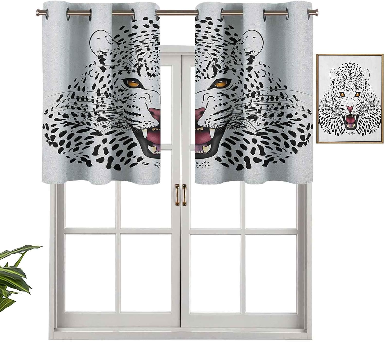 Cortina opaca con ojales en la parte superior, con diseño de leopardo