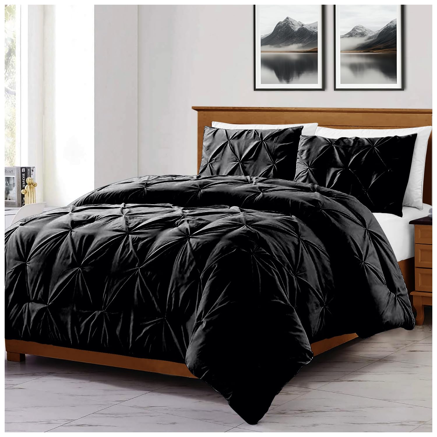 GC GAVENO CAVAILIA Pintuck Duvet Cover Single | Pinch Pleated Quilt Bed Covers Set With Matching Pillowcase | Polycotton Cosy Diamond Bed Linen Set | Black